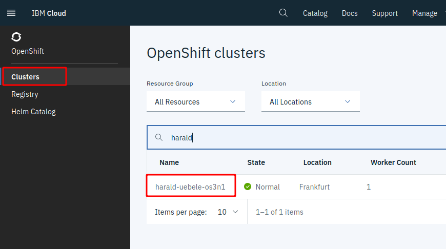 Chose Clusters and click on your OpenShift cluster